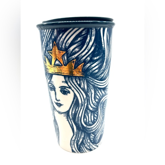 Starbucks 2016 Gold Crown Blue Mermaid Siren 12oz Ceramic Travel Tumbler Mug - Picture 2 of 16